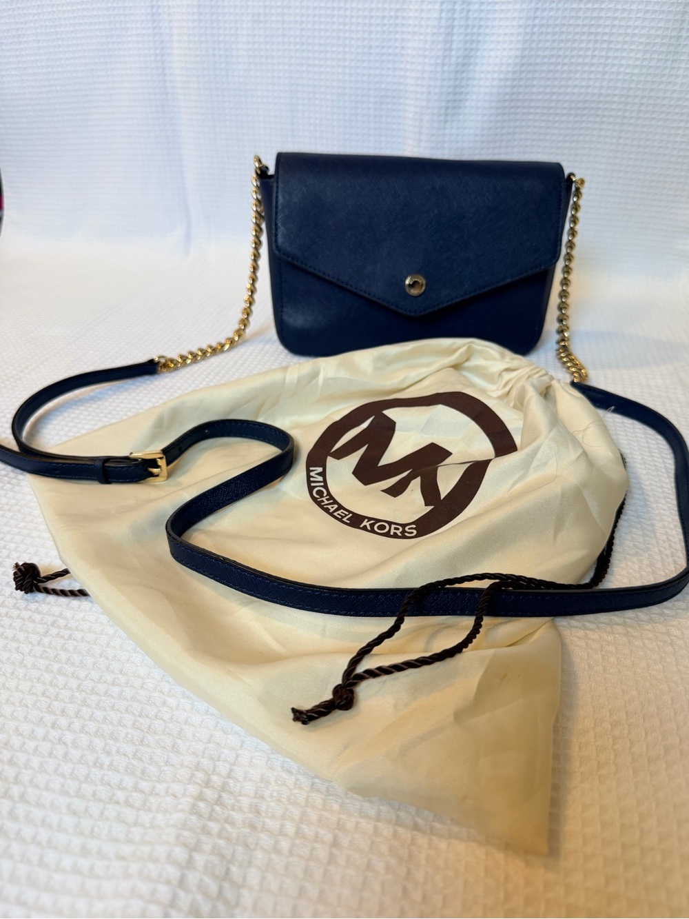 Michael Kors Navy Saffiano Leather Envelope Crossbody with Gold Chain